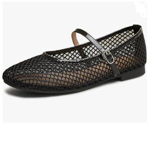 Tang'scuisins Black Square Toe Mesh Mary Janes Buckle Strappy Flats Dress Shoes